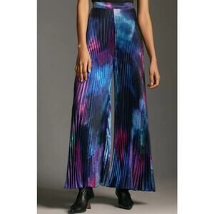 Wide-Leg Pleated Palazzo Pants in Blue Purple Tie-Dye
